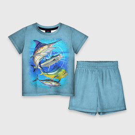 Детский костюм с шортами 3D с принтом Marlin and other fish ,  |  | Тематика изображения на принте: рыба | рыбак | рыбалка | снасти | увлечение | улов | хобби