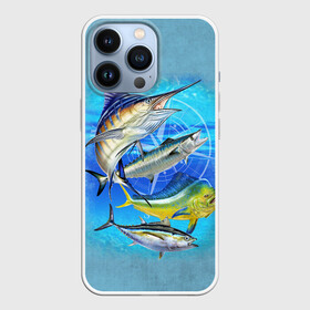 Чехол для iPhone 13 Pro с принтом Marlin and other fish ,  |  | Тематика изображения на принте: рыба | рыбак | рыбалка | снасти | увлечение | улов | хобби