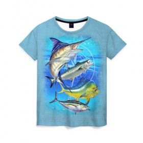 Женская футболка 3D с принтом Marlin and other fish , 100% полиэфир ( синтетическое хлопкоподобное полотно) | прямой крой, круглый вырез горловины, длина до линии бедер | рыба | рыбак | рыбалка | снасти | увлечение | улов | хобби