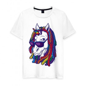 Мужская футболка хлопок с принтом RastaUnicorn , 100% хлопок | прямой крой, круглый вырез горловины, длина до линии бедер, слегка спущенное плечо. | color | dreads | glases | unicorn | дреды | единорог | конь | лошадь | очки | рог | уши | цветной