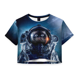 Женская футболка Cropp-top с принтом Кот космонавт , 100% полиэстер | круглая горловина, длина футболки до линии талии, рукава с отворотами | nasa | вселенная | звезды | космонавт | космос | кот | котик | котяра | котята | кошка