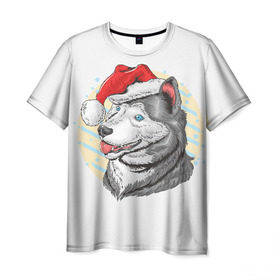 Мужская футболка 3D с принтом Рождественский Хаски , 100% полиэфир | прямой крой, круглый вырез горловины, длина до линии бедер | 