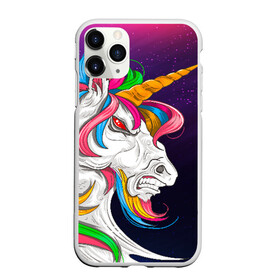 Чехол для iPhone 11 Pro Max матовый с принтом Angry Unicorn , Силикон |  | cosmos | hair | rainbow | stars | unicorn | волосы | глаза | единорог | злой | зубы | космос | лошадь | радуга