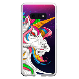 Чехол для Samsung S10E с принтом Angry Unicorn , Силикон | Область печати: задняя сторона чехла, без боковых панелей | cosmos | hair | rainbow | stars | unicorn | волосы | глаза | единорог | злой | зубы | космос | лошадь | радуга