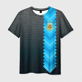 Мужская футболка 3D с принтом Аргентина форма  , 100% полиэфир | прямой крой, круглый вырез горловины, длина до линии бедер | Тематика изображения на принте: аргентина | атрибутика | бег | победа | поле | сборная | соты | спорт | узор | футбол