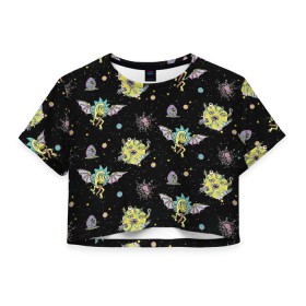 Женская футболка Cropp-top с принтом Rick and Morty pattern space , 100% полиэстер | круглая горловина, длина футболки до линии талии, рукава с отворотами | morty | pattern | rick | rick and morty | space | t shirt | vdosadir