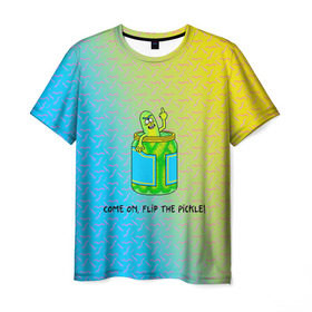Мужская футболка 3D с принтом Pickle Rick , 100% полиэфир | прямой крой, круглый вырез горловины, длина до линии бедер | Тематика изображения на принте: pickle | rick and morty | vdkovmar | банка | огурец | палец | прикол | рик и морти