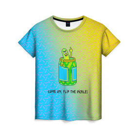 Женская футболка 3D с принтом Pickle Rick , 100% полиэфир ( синтетическое хлопкоподобное полотно) | прямой крой, круглый вырез горловины, длина до линии бедер | pickle | rick and morty | vdkovmar | банка | огурец | палец | прикол | рик и морти