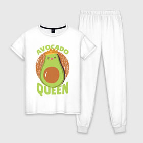 Женская пижама хлопок с принтом Авокадо Королева , 100% хлопок | брюки и футболка прямого кроя, без карманов, на брюках мягкая резинка на поясе и по низу штанин | avocado | queen | авокадо | королева | королевы | надписи | надпись