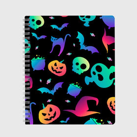 Тетрадь с принтом Rainbow Halloween , 100% бумага | 48 листов, плотность листов — 60 г/м2, плотность картонной обложки — 250 г/м2. Листы скреплены сбоку удобной пружинной спиралью. Уголки страниц и обложки скругленные. Цвет линий — светло-серый
 | Тематика изображения на принте: diy | ghost | halloween | horror | makeup | scary | trick or treat | вампир | ведьма | кошка | луна | магия | новинки | ночь | тыква | хэллоуин