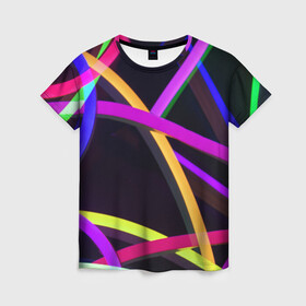 Женская футболка 3D с принтом Светящиеся полосы , 100% полиэфир ( синтетическое хлопкоподобное полотно) | прямой крой, круглый вырез горловины, длина до линии бедер | abstract | neon | абстрактно | абстрактный | абстракция | линии | неон | неонка | неоновая | неоновые | неоновый | полоски | полосы | разноцветные | светящиеся | цветные