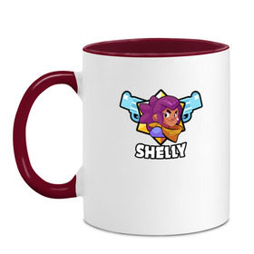 Кружка двухцветная с принтом BRAWL STARS SHELLY , керамика | объем — 330 мл, диаметр — 80 мм. Цветная ручка и кайма сверху, в некоторых цветах — вся внутренняя часть | android | brawl stars | colt | crow | games | leon | penny | poco. | shelly | spike | wanted | брав | бравл старс | звезды | игры | мобильные игры | старс