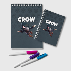 Блокнот с принтом BRAWL STARS CROW , 100% бумага | 48 листов, плотность листов — 60 г/м2, плотность картонной обложки — 250 г/м2. Листы скреплены удобной пружинной спиралью. Цвет линий — светло-серый
 | Тематика изображения на принте: brawl stars | bull | colt | crow | leon | stars | берли | бо | брок | ворон | джесси | динамайк | дэррил | кольт | леон | мортис | нита | пайпер | пенни | поко | пэм | рикошет | спайк | фрэнк | шелли | эль примо