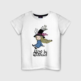 Детская футболка хлопок с принтом Алиса в стране чудес , 100% хлопок | круглый вырез горловины, полуприлегающий силуэт, длина до линии бедер | alice | dress | girl | hair | hat | rabbit | ribbon | tale | wings | алиса | бант | волосы | девочка | кролик | крылья | лицо | платье | сказка | шляпа