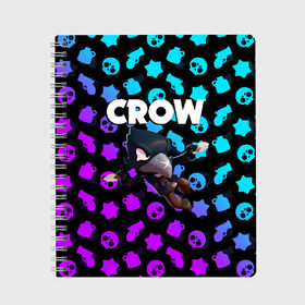 Тетрадь с принтом BRAWL STARS CROW , 100% бумага | 48 листов, плотность листов — 60 г/м2, плотность картонной обложки — 250 г/м2. Листы скреплены сбоку удобной пружинной спиралью. Уголки страниц и обложки скругленные. Цвет линий — светло-серый
 | brawl stars | bull | colt | crow | leon | stars | берли | бо | брок | ворон | джесси | динамайк | дэррил | кольт | леон | мортис | нита | пайпер | пенни | поко | пэм | рикошет | спайк | фрэнк | шелли | эль примо