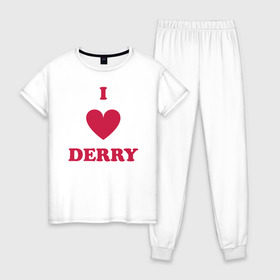 Женская пижама хлопок с принтом I Love Derry , 100% хлопок | брюки и футболка прямого кроя, без карманов, на брюках мягкая резинка на поясе и по низу штанин | clown | derry | it | lover | pennywise | stephen king | дерри | клоун | оно | пеннивайз | стивен кинг