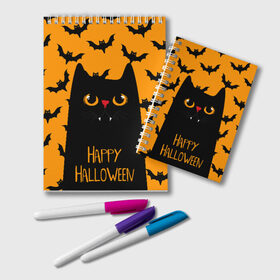 Блокнот с принтом Happy halloween , 100% бумага | 48 листов, плотность листов — 60 г/м2, плотность картонной обложки — 250 г/м2. Листы скреплены удобной пружинной спиралью. Цвет линий — светло-серый
 | halloween | horror | вампир | кот | кот вампир | котик | кошка | летучие мыши | мыши | пятница 13 | страшилки | страшно | ужасы | хоррор | хэллоуин