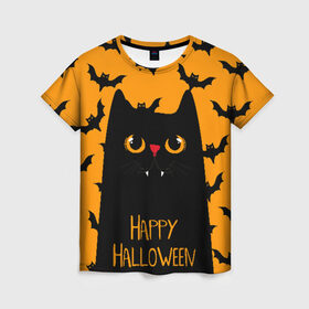 Женская футболка 3D с принтом Happy halloween , 100% полиэфир ( синтетическое хлопкоподобное полотно) | прямой крой, круглый вырез горловины, длина до линии бедер | halloween | horror | вампир | кот | кот вампир | котик | кошка | летучие мыши | мыши | пятница 13 | страшилки | страшно | ужасы | хоррор | хэллоуин