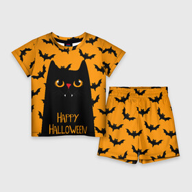Детский костюм с шортами 3D с принтом Happy halloween ,  |  | Тематика изображения на принте: halloween | horror | вампир | кот | кот вампир | котик | кошка | летучие мыши | мыши | пятница 13 | страшилки | страшно | ужасы | хоррор | хэллоуин