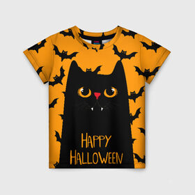 Детская футболка 3D с принтом Happy halloween , 100% гипоаллергенный полиэфир | прямой крой, круглый вырез горловины, длина до линии бедер, чуть спущенное плечо, ткань немного тянется | halloween | horror | вампир | кот | кот вампир | котик | кошка | летучие мыши | мыши | пятница 13 | страшилки | страшно | ужасы | хоррор | хэллоуин