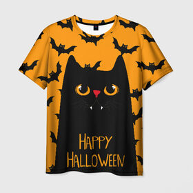 Мужская футболка 3D с принтом Happy halloween , 100% полиэфир | прямой крой, круглый вырез горловины, длина до линии бедер | halloween | horror | вампир | кот | кот вампир | котик | кошка | летучие мыши | мыши | пятница 13 | страшилки | страшно | ужасы | хоррор | хэллоуин