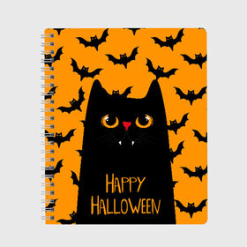 Тетрадь с принтом Happy halloween , 100% бумага | 48 листов, плотность листов — 60 г/м2, плотность картонной обложки — 250 г/м2. Листы скреплены сбоку удобной пружинной спиралью. Уголки страниц и обложки скругленные. Цвет линий — светло-серый
 | halloween | horror | вампир | кот | кот вампир | котик | кошка | летучие мыши | мыши | пятница 13 | страшилки | страшно | ужасы | хоррор | хэллоуин