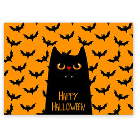 Поздравительная открытка с принтом Happy halloween , 100% бумага | плотность бумаги 280 г/м2, матовая, на обратной стороне линовка и место для марки
 | Тематика изображения на принте: halloween | horror | вампир | кот | кот вампир | котик | кошка | летучие мыши | мыши | пятница 13 | страшилки | страшно | ужасы | хоррор | хэллоуин