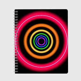 Тетрадь с принтом Neon , 100% бумага | 48 листов, плотность листов — 60 г/м2, плотность картонной обложки — 250 г/м2. Листы скреплены сбоку удобной пружинной спиралью. Уголки страниц и обложки скругленные. Цвет линий — светло-серый
 | neon | абстрактно | абстрактный | абстракция | кругами | круги | круглая | круглый | круглыми | кружки | крушки | неон | неонка | неоновые | неоновый | светящийся | яркий