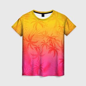 Женская футболка 3D с принтом РЕТРО ПАЛЬМЫ , 100% полиэфир ( синтетическое хлопкоподобное полотно) | прямой крой, круглый вырез горловины, длина до линии бедер | hotline miami | neon | new retro wave | outrun | outrun electro | paints | palmen | rainbow | retro | retrowave | summer | synth | synthwave | tropical | брызги | брызги красок | звёзды | космос | краски | лето | неон | пальмы | радуга | 