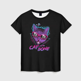 Женская футболка 3D с принтом Cat To The Bone , 100% полиэфир ( синтетическое хлопкоподобное полотно) | прямой крой, круглый вырез горловины, длина до линии бедер | 80 | bone | bones | cat | cyber | game | hotline | hotlinemiami | maiami | music | outrun | retro | retrowave | skull | synth | synthwave | игра | кибер | кот | кошка | ретро | череп