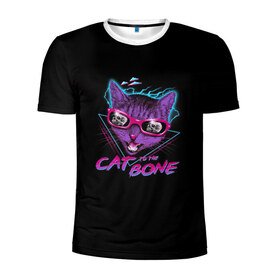 Мужская футболка 3D спортивная с принтом Cat To The Bone , 100% полиэстер с улучшенными характеристиками | приталенный силуэт, круглая горловина, широкие плечи, сужается к линии бедра | 80 | bone | bones | cat | cyber | game | hotline | hotlinemiami | maiami | music | outrun | retro | retrowave | skull | synth | synthwave | игра | кибер | кот | кошка | ретро | череп