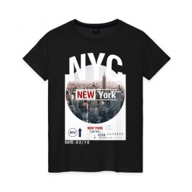 Женская футболка хлопок с принтом New York City , 100% хлопок | прямой крой, круглый вырез горловины, длина до линии бедер, слегка спущенное плечо | Тематика изображения на принте: new york | usa | америка | города | нью йорк | страны | сша | туризм | туристические