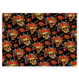 Поздравительная открытка с принтом Skulls and Roses , 100% бумага | плотность бумаги 280 г/м2, матовая, на обратной стороне линовка и место для марки
 | Тематика изображения на принте: flowers | halloween | rose | skull | tattoo | жуки | насекомые | роза | тату | татуировка | хеллоуин | хэллоуин | цветок | цветы | череп