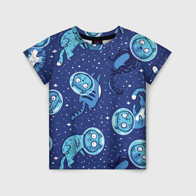 Детская футболка 3D с принтом Кот Космонавт , 100% гипоаллергенный полиэфир | прямой крой, круглый вырез горловины, длина до линии бедер, чуть спущенное плечо, ткань немного тянется | звезды | космонавт | космос | кот | кот космонавт | котик | рисунок