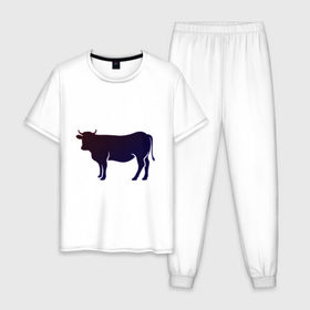 Мужская пижама хлопок с принтом Корова(темно-синий неон) , 100% хлопок | брюки и футболка прямого кроя, без карманов, на брюках мягкая резинка на поясе и по низу штанин
 | animals | neon | животные | звери | корова | коровка | коровы | неон | прикольная картинка