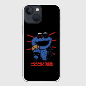 Чехол для iPhone 13 mini с принтом Come with me if you want ,  |  | Тематика изображения на принте: cookie | cookiemonster | delicious | eat | monster | yummy | еда | коржик | куки | кукимонстр | монстр | печенье | сладости | улица | улицасезам