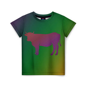 Детская футболка 3D с принтом Корова(трехцветный градиент) , 100% гипоаллергенный полиэфир | прямой крой, круглый вырез горловины, длина до линии бедер, чуть спущенное плечо, ткань немного тянется | animals | животные | звери | корова | коровка | коровы | мягкий цвет | прикольная картинка | простая картинка