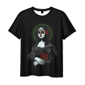 Мужская футболка 3D с принтом Mona Lisa - Santa Muerte , 100% полиэфир | прямой крой, круглый вырез горловины, длина до линии бедер | dead | death | lisa | mona | muerte | muertos | santa | день | искуство | картина | лиза | мона | муэрте | муэртес | муэртос | роза | розы | санта | тату | татуировка | цветы | череп