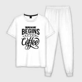 Мужская пижама хлопок с принтом Жизнь начинается после кофе , 100% хлопок | брюки и футболка прямого кроя, без карманов, на брюках мягкая резинка на поясе и по низу штанин
 | 