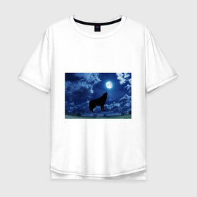 Мужская футболка хлопок Oversize с принтом WOLF , 100% хлопок | свободный крой, круглый ворот, “спинка” длиннее передней части | Тематика изображения на принте: wolf | волк | луна | ночь