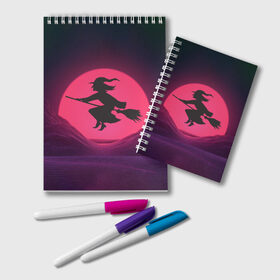 Блокнот с принтом The Witch(Happy Halloween) , 100% бумага | 48 листов, плотность листов — 60 г/м2, плотность картонной обложки — 250 г/м2. Листы скреплены удобной пружинной спиралью. Цвет линий — светло-серый
 | Тематика изображения на принте: halloween | halloweenparty | witch | в подарок | ведьма | ведьмочка | вечеринка | детский дизайн | детский рисунок | для подарка | закат солнца | мягкие цвета | пати | хэллоуин
