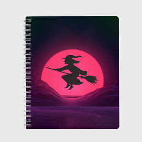 Тетрадь с принтом The Witch(Happy Halloween) , 100% бумага | 48 листов, плотность листов — 60 г/м2, плотность картонной обложки — 250 г/м2. Листы скреплены сбоку удобной пружинной спиралью. Уголки страниц и обложки скругленные. Цвет линий — светло-серый
 | Тематика изображения на принте: halloween | halloweenparty | witch | в подарок | ведьма | ведьмочка | вечеринка | детский дизайн | детский рисунок | для подарка | закат солнца | мягкие цвета | пати | хэллоуин