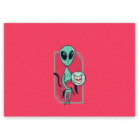 Поздравительная открытка с принтом Пришелец с Котом , 100% бумага | плотность бумаги 280 г/м2, матовая, на обратной стороне линовка и место для марки
 | alien | cat | kitten | kitty | ufo | инопланетяне | инопланетянин | кот | котик | кошка | нло | пришелец | пришельцы