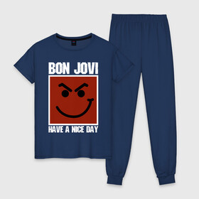 Женская пижама хлопок с принтом Bon Jovi , 100% хлопок | брюки и футболка прямого кроя, без карманов, на брюках мягкая резинка на поясе и по низу штанин | bon jovi | john | альбом | арена | бон | бон джови | глэм | группа | джови | джон | метал | музыка | надпись | песни | поп | попрок | рок | рокер | смайл | солист | софт | стена | хард | хеви | хевиметал