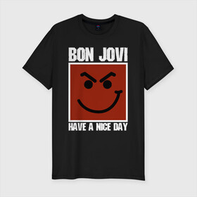 Мужская футболка хлопок Slim с принтом Bon Jovi , 92% хлопок, 8% лайкра | приталенный силуэт, круглый вырез ворота, длина до линии бедра, короткий рукав | bon jovi | john | альбом | арена | бон | бон джови | глэм | группа | джови | джон | метал | музыка | надпись | песни | поп | попрок | рок | рокер | смайл | солист | софт | стена | хард | хеви | хевиметал