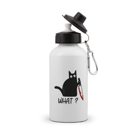 Бутылка спортивная с принтом What cat , металл | емкость — 500 мл, в комплекте две пластиковые крышки и карабин для крепления | cat | kitten | knife | what | кот | котёнок | кошка | кровь | нож | что
