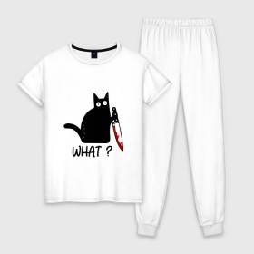 Женская пижама хлопок с принтом What cat , 100% хлопок | брюки и футболка прямого кроя, без карманов, на брюках мягкая резинка на поясе и по низу штанин | cat | kitten | knife | what | кот | котёнок | кошка | кровь | нож | что