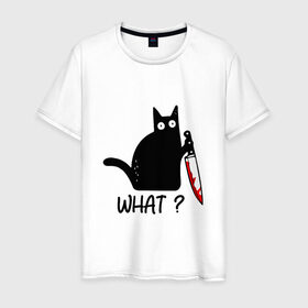 Мужская футболка хлопок с принтом What cat , 100% хлопок | прямой крой, круглый вырез горловины, длина до линии бедер, слегка спущенное плечо. | cat | kitten | knife | what | кот | котёнок | кошка | кровь | нож | что