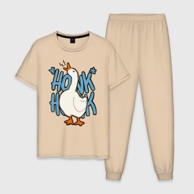 Мужская пижама хлопок с принтом КРЯ-КРЯ , 100% хлопок | брюки и футболка прямого кроя, без карманов, на брюках мягкая резинка на поясе и по низу штанин
 | meme | untitled goose game | злой гусь | мем | птица