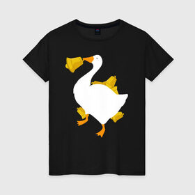 Женская футболка хлопок с принтом ЗЛОЙ ГУСТЬ С КОЛОКОЛЬЧИКОМ , 100% хлопок | прямой крой, круглый вырез горловины, длина до линии бедер, слегка спущенное плечо | meme | untitled goose game | злой гусь | мем | птица